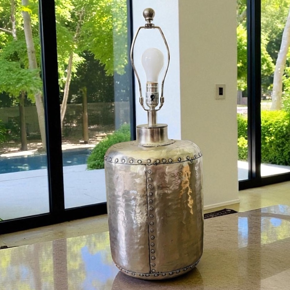 POTTERY BARN SILVER HAMMERED METAL LAMP